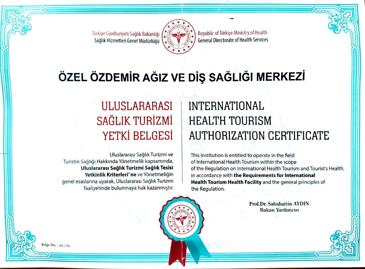 Özdemir Dental Sağlık Turizmi Sertifikası